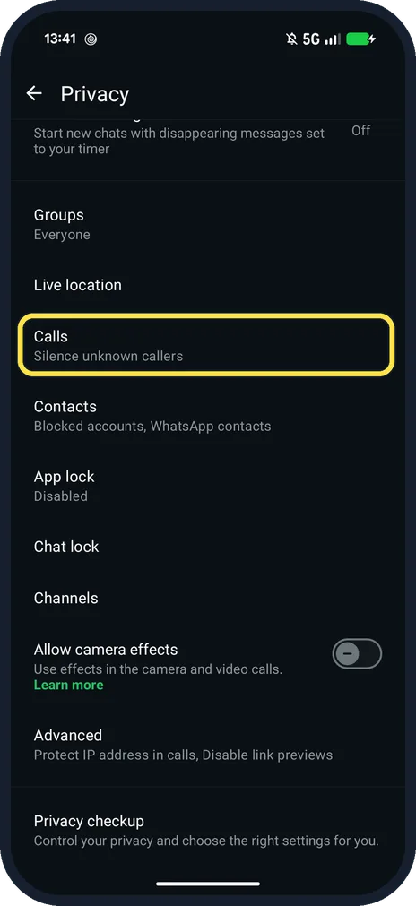 Android screenshot: Tap Calls