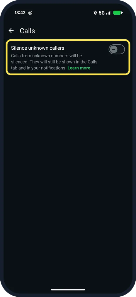 Android screenshot: Tap the Silence unknown callers switch