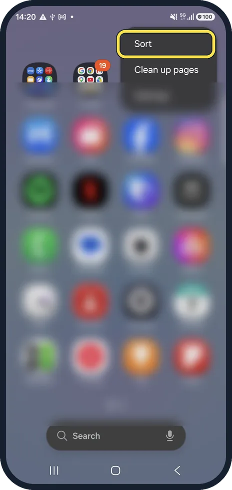 Android screenshot: Tap the three dots at the top right, then Sort