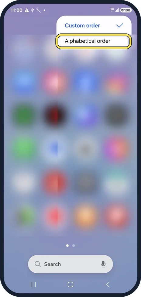 Android screenshot: Choose Alphabetical order