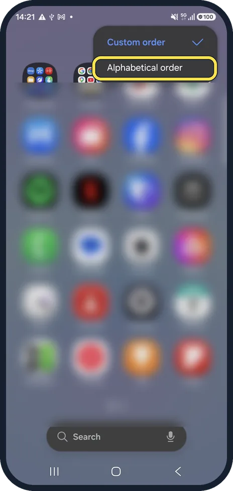Android screenshot: Choose Alphabetical order