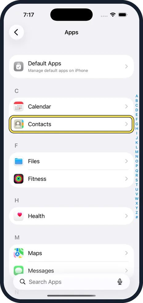 iPhone screen: Tap Contacts
