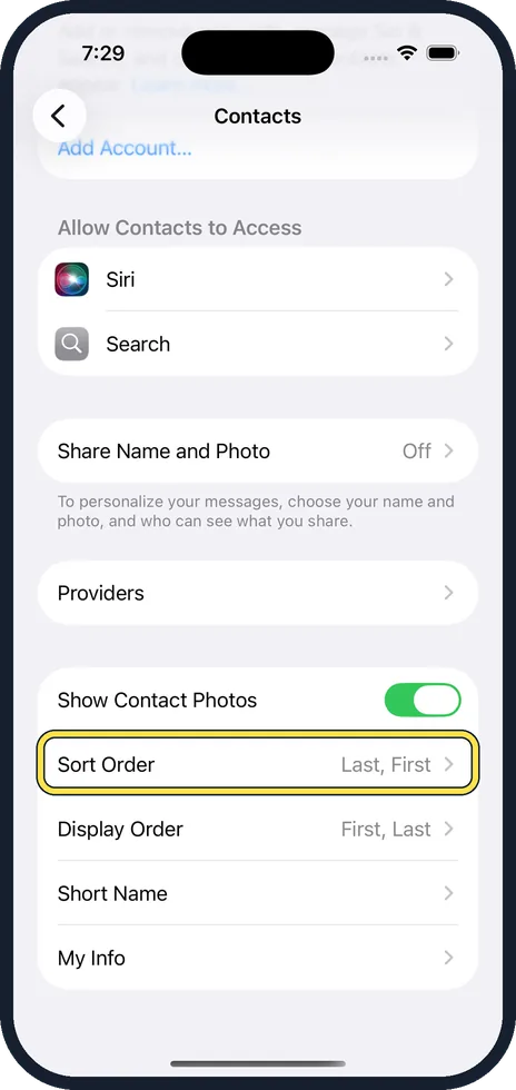 iPhone screen: Scroll down and tap Sort Order