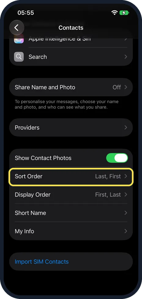 iPhone screen: Scroll down and tap Sort Order