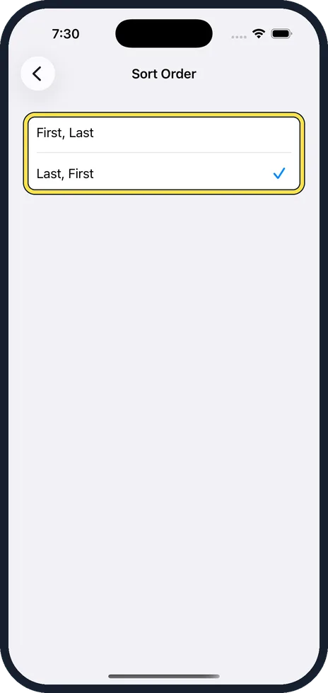 iPhone screen: Tap First, Last