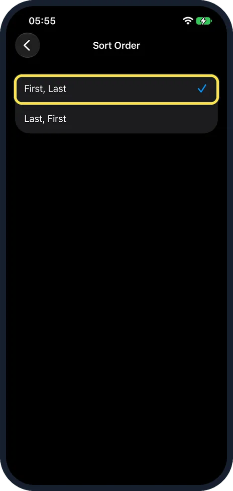 iPhone screen: Tap First, Last