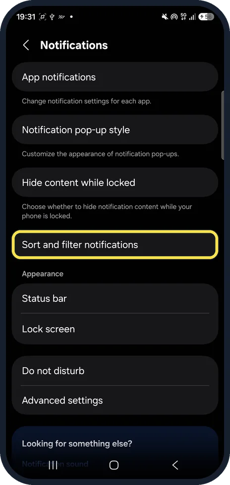 Android screenshot: Open Sort and filter notifications