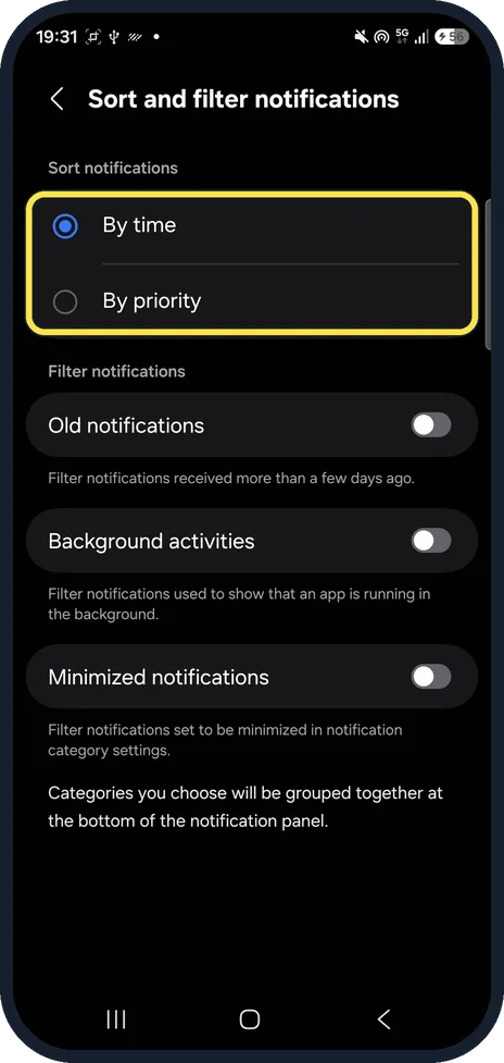 Android screenshot: Pick By time or By priority