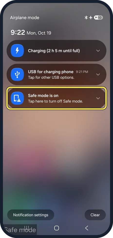 Android screenshot: Tap the Safe mode is on notification
