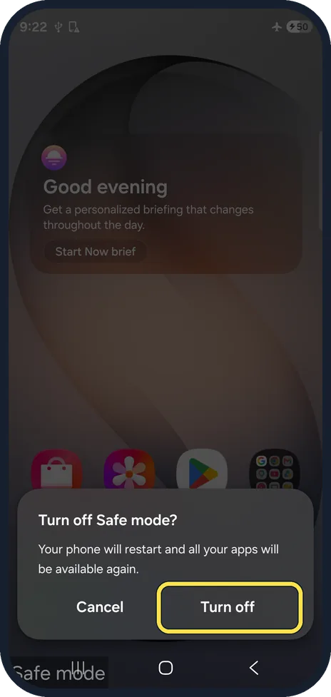 Android screenshot: Tap Turn off