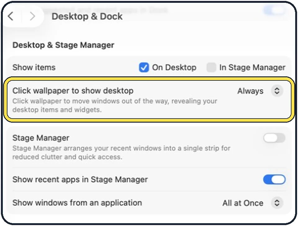 Mac screenshot: Scroll to Desktop & Stage Manager and set Click wallpaper to show desktop