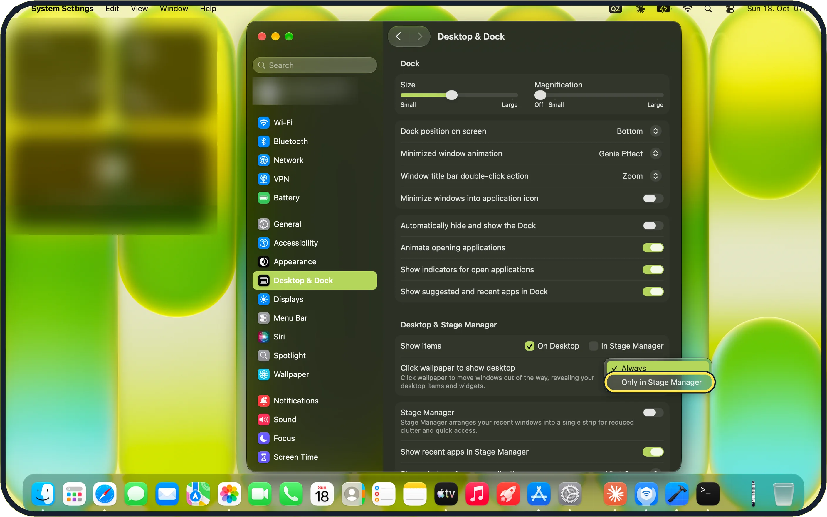 Mac screenshot: Choose Only in Stage Manager