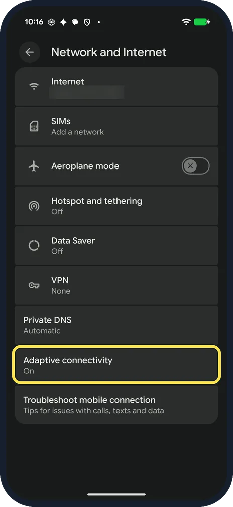 Android screenshot: Tap Adaptive connectivity