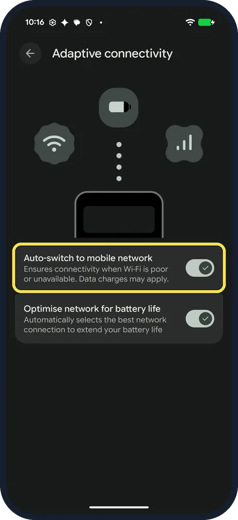 Android screenshot: Turn off Auto-switch to mobile network