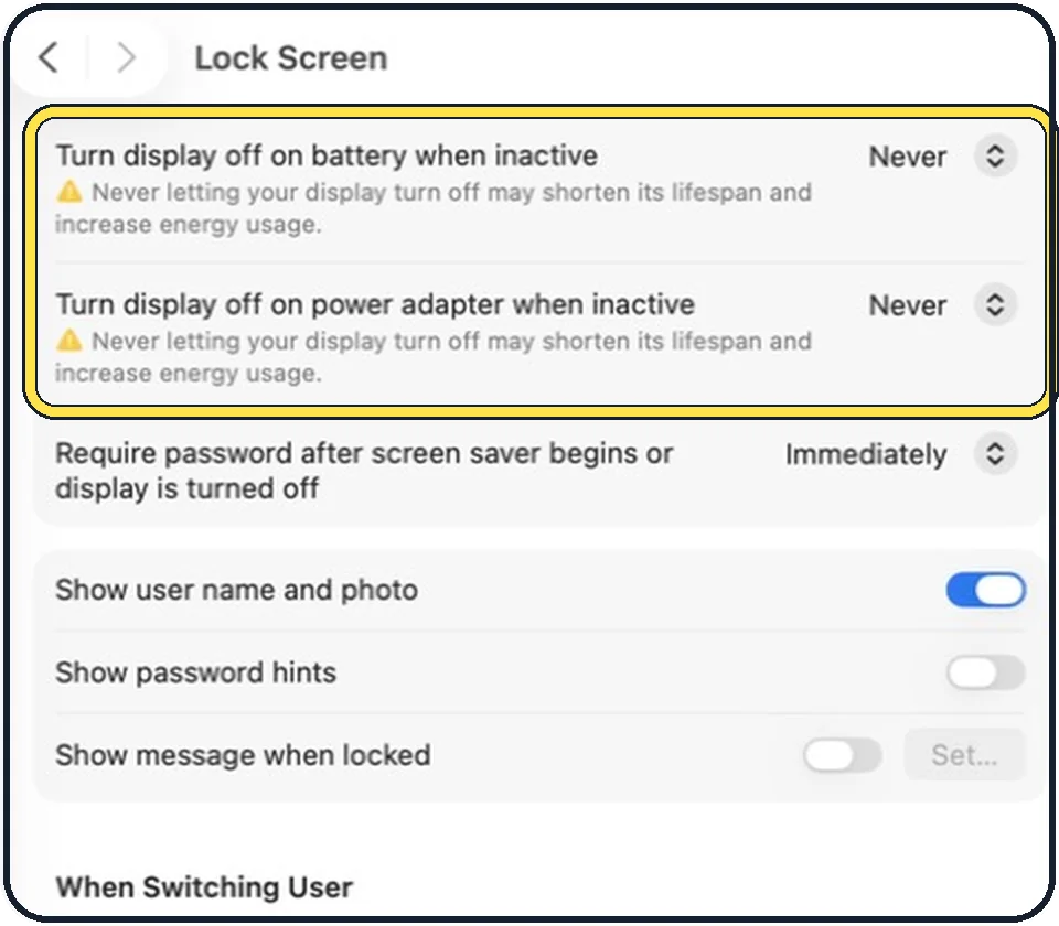 Part of the Mac System Settings window: Change when the display turns off
