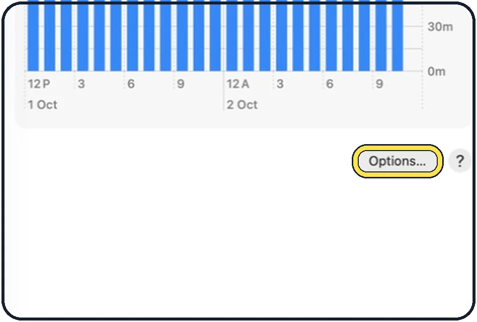 Part of the Mac System Settings window: MacBook: click Battery, then Options