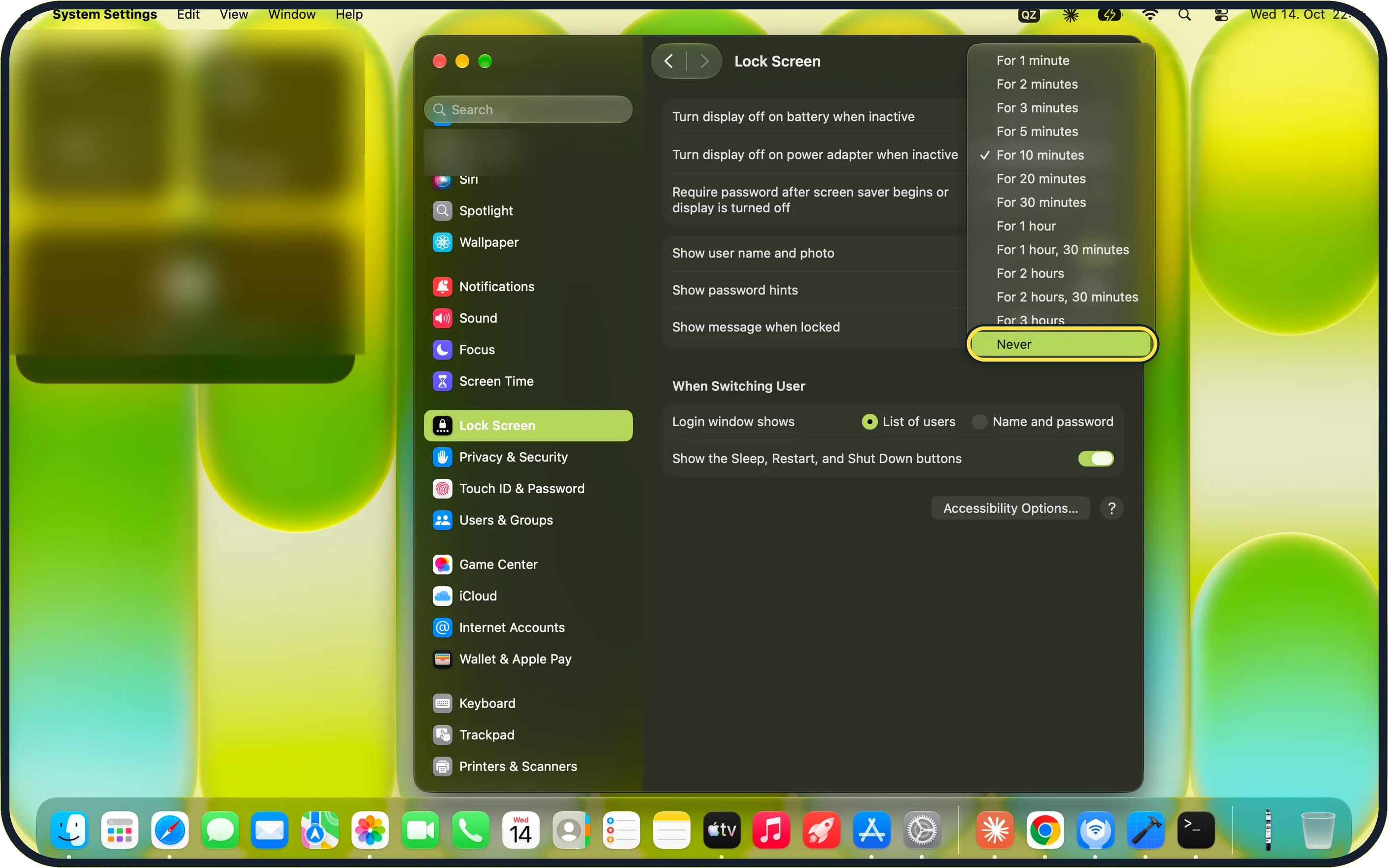 Mac screenshot: Set the power adapter row to Never