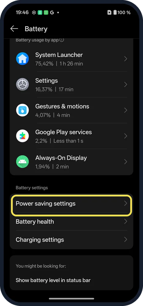 Android screenshot: Or go through Battery
