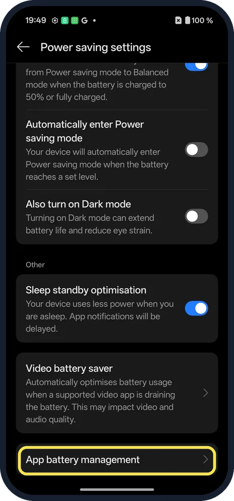 Android screenshot: Tap App battery management