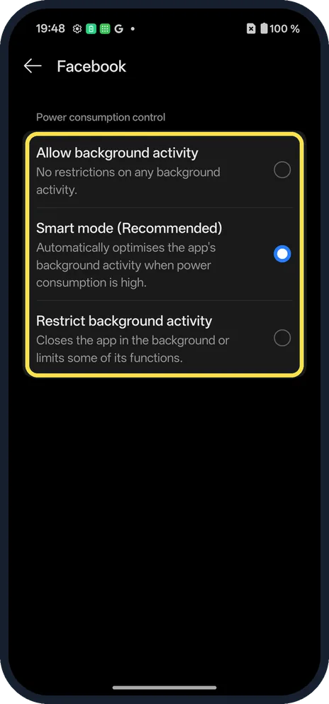 Android screenshot: Choose Allow background activity