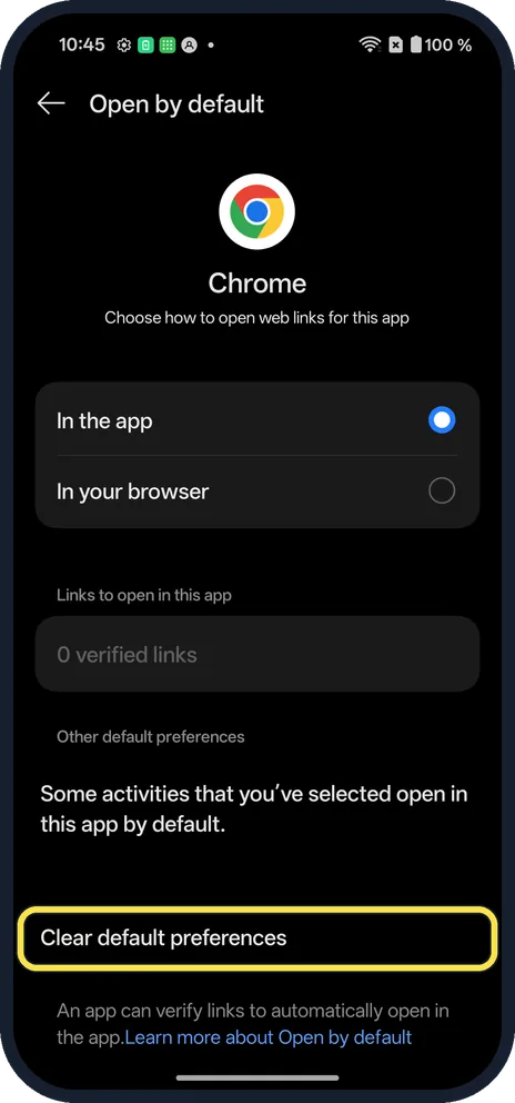 Android screenshot: Or clear its defaults