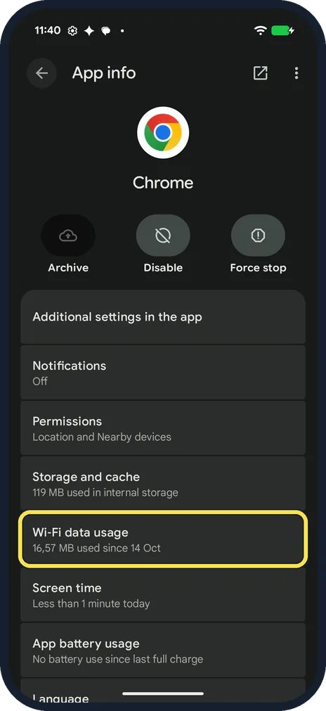 Android screenshot: Tap Wi-Fi data usage