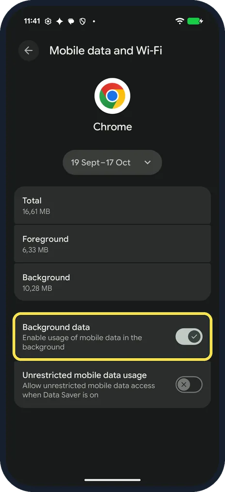 Android screenshot: Turn off Background data