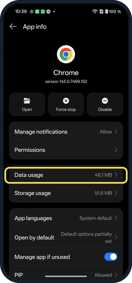 Screenshot from the guide: How to stop an app using mobile data or Wi-Fi on a OnePlus (OxygenOS 16)