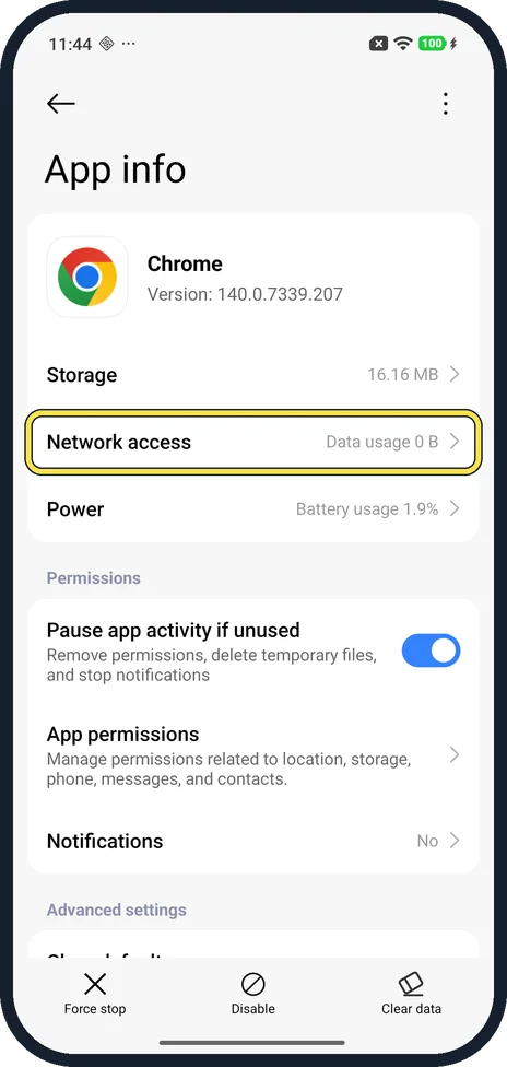 Android screenshot: Tap Network access
