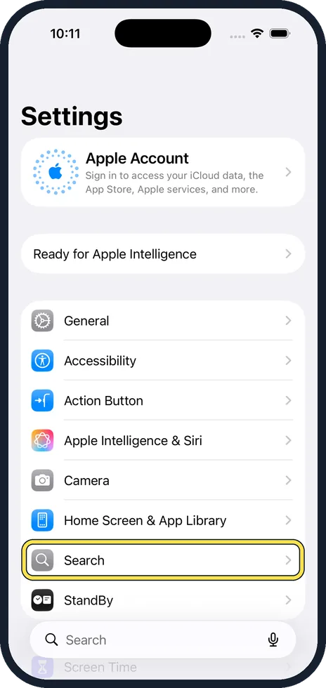iPhone screen: Open Settings and tap Search
