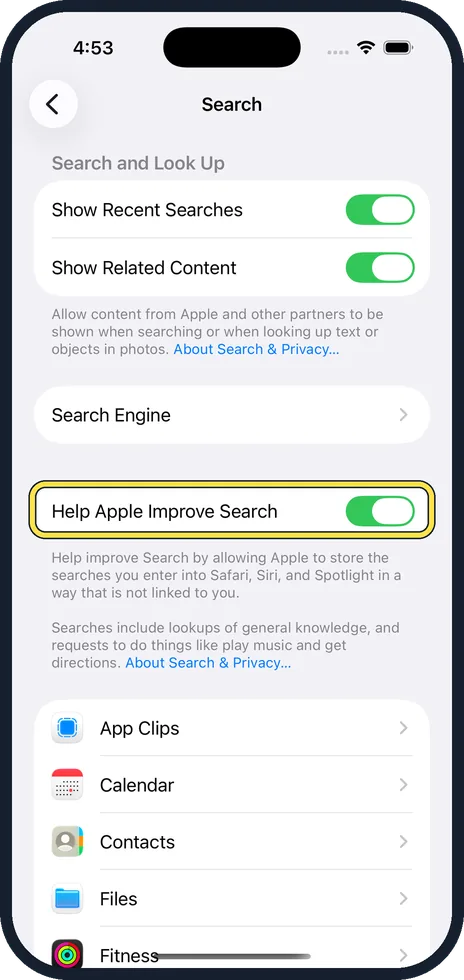 iPhone screen: Switch off Help Apple Improve Search