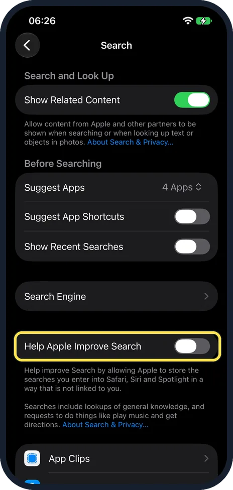 iPhone screen: Switch off Help Apple Improve Search