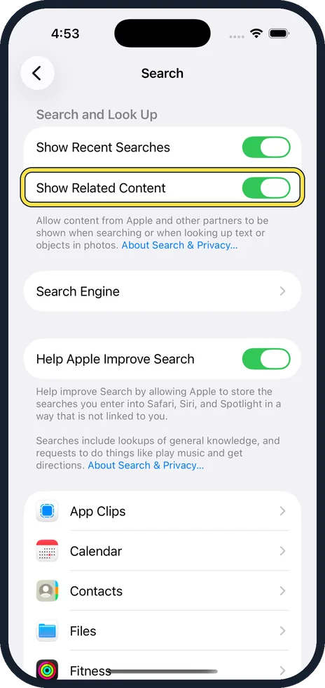 iPhone screen: Switch off Show Related Content if you want less sent