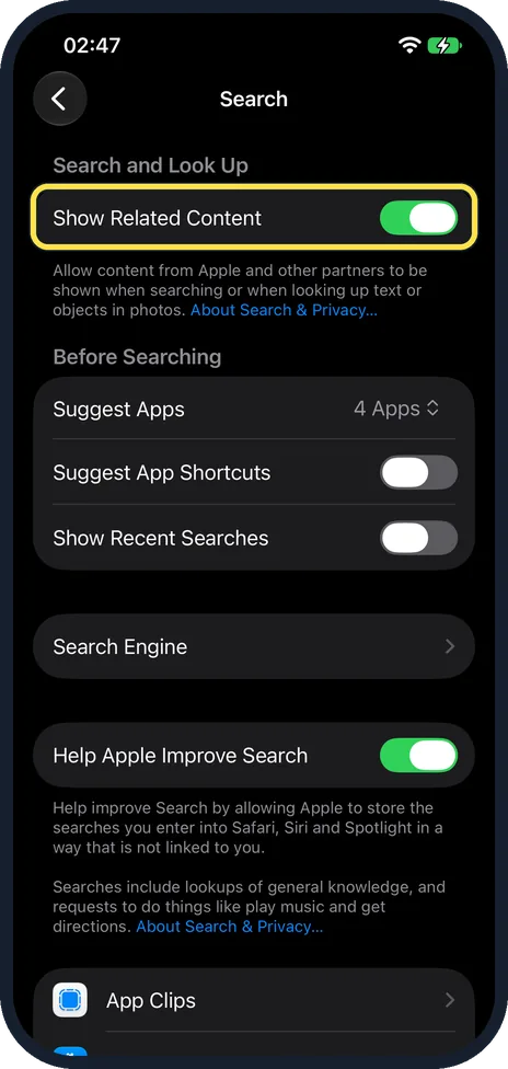 iPhone screen: Switch off Show Related Content if you want less sent