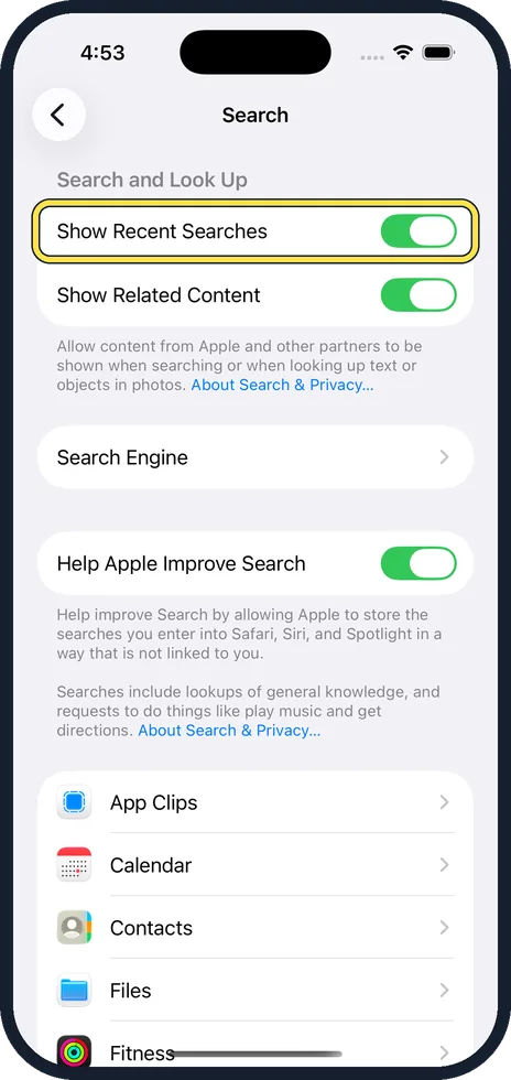 iPhone screen: Decide about Show Recent Searches