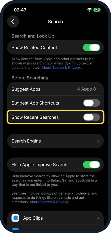 iPhone screen: Decide about Show Recent Searches
