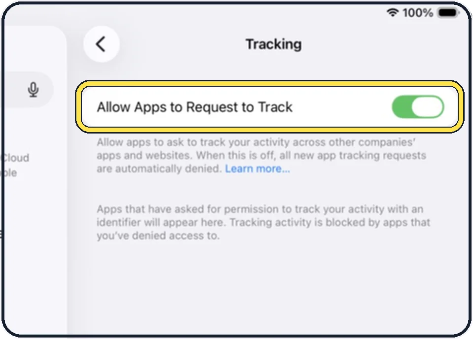 iPad screenshot: Switch off Allow Apps to Request to Track
