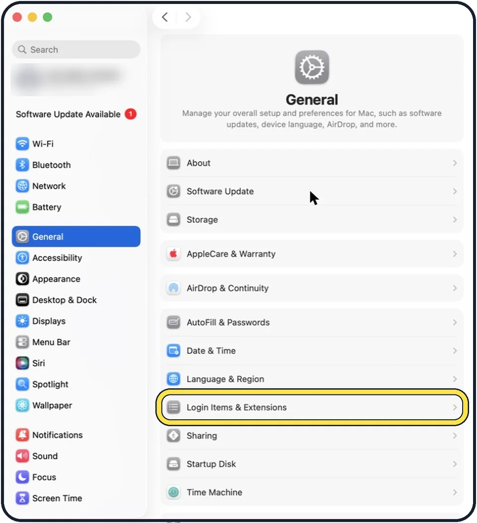 Mac screenshot: Click Login Items & Extensions