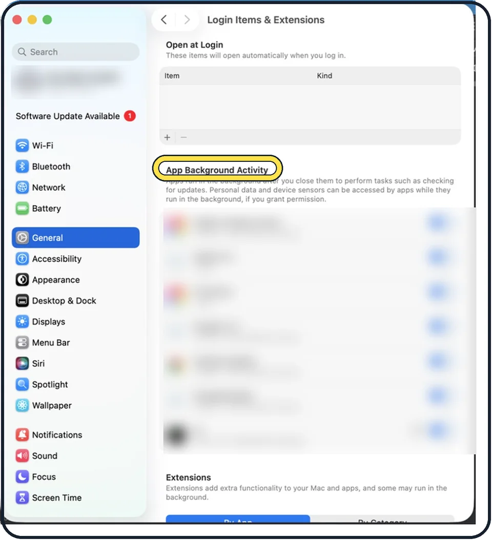 Mac screenshot: Switch off background items