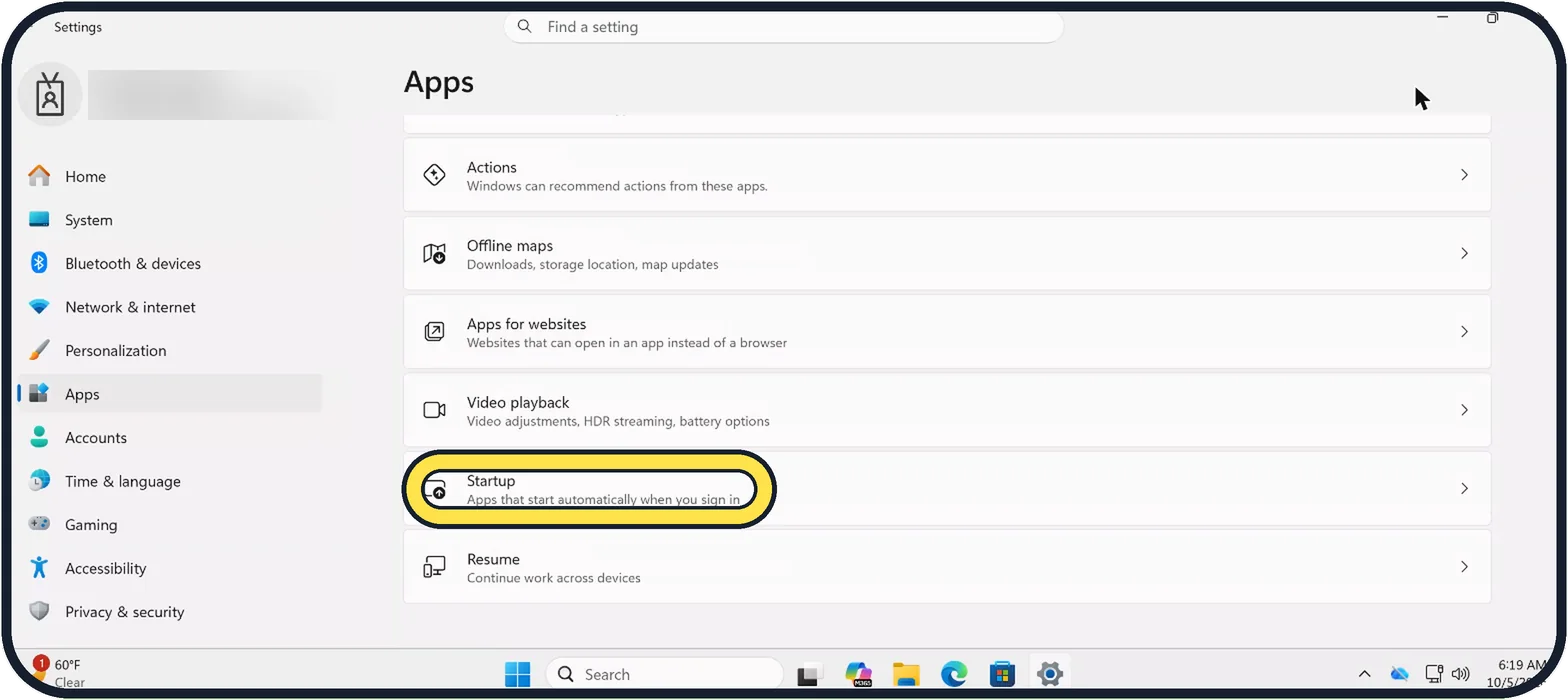 Windows screenshot: Click Startup