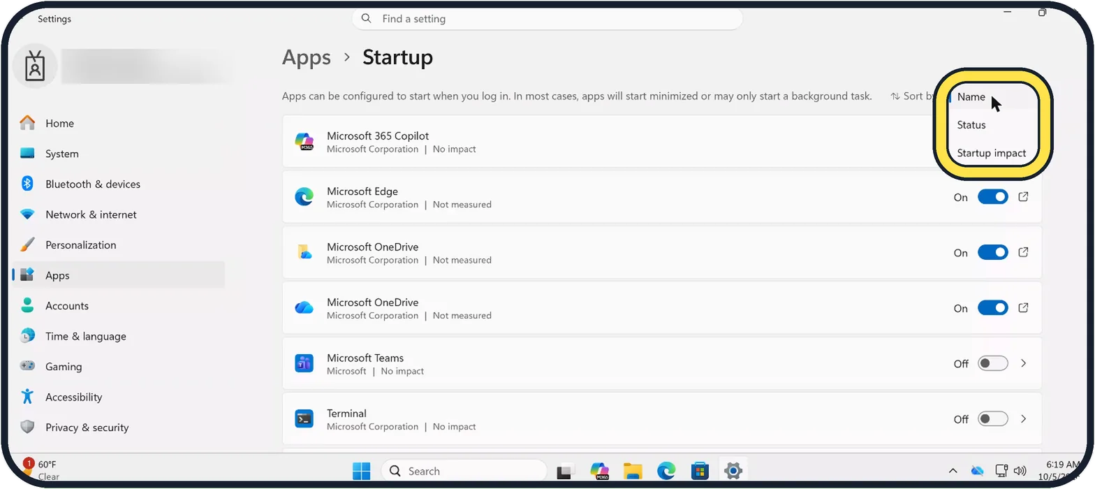 Windows screenshot: Sort by startup impact