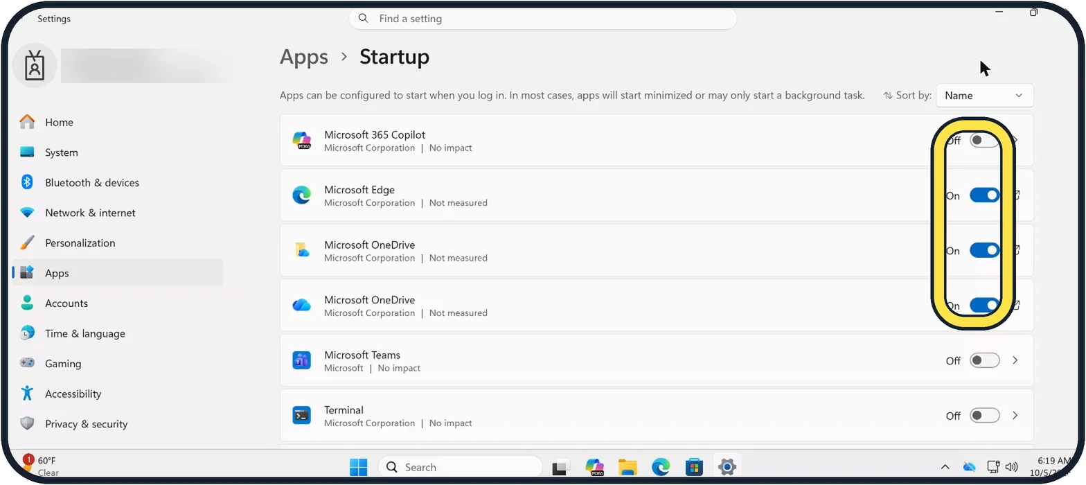 Windows screenshot: Switch off what you do not need