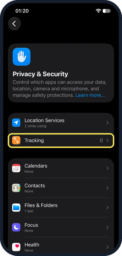 iPhone screen: Tap Tracking