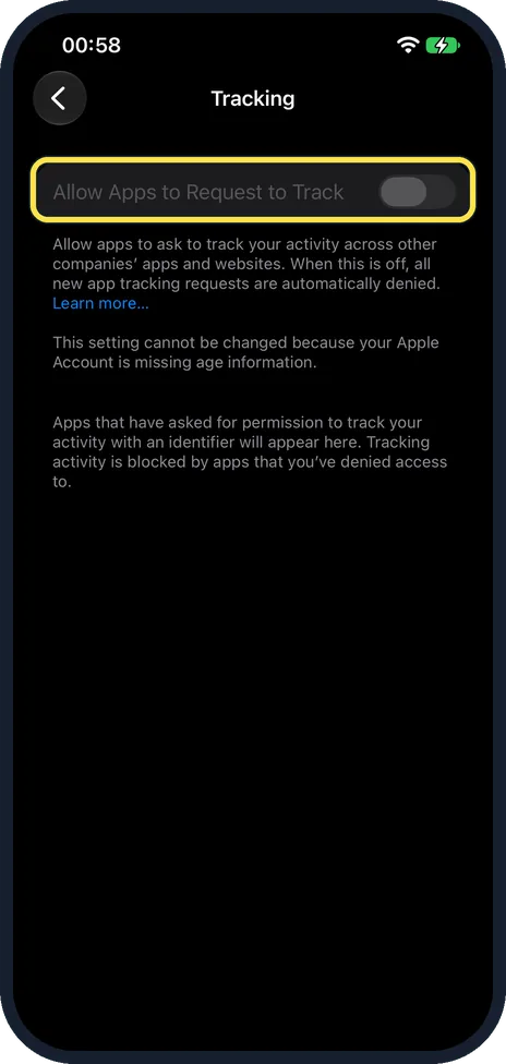 iPhone screen: Switch off Allow Apps to Request to Track