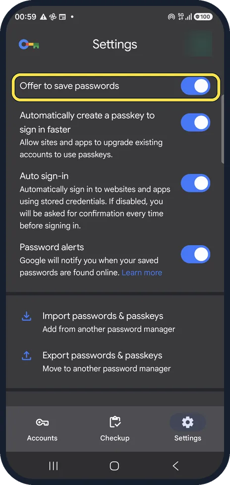 Android screenshot: Switch off Offer to save passwords