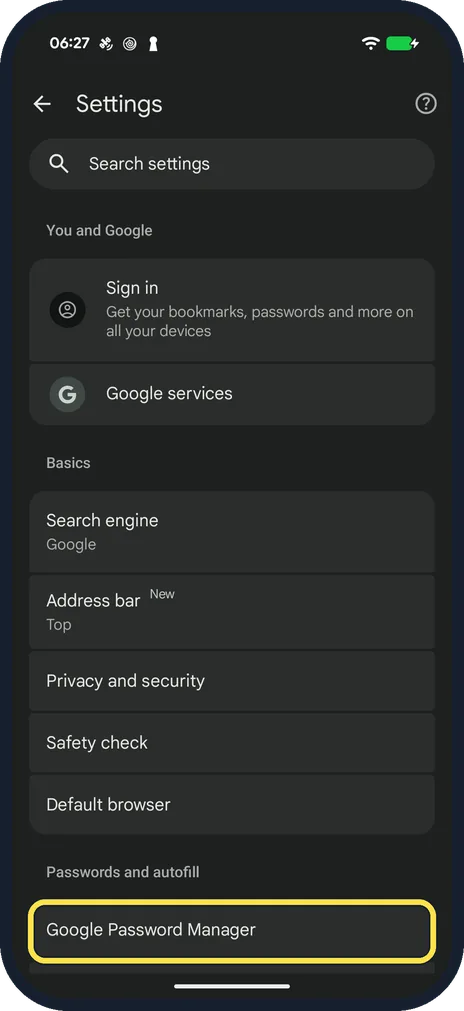 Android screenshot: Tap Google Password Manager