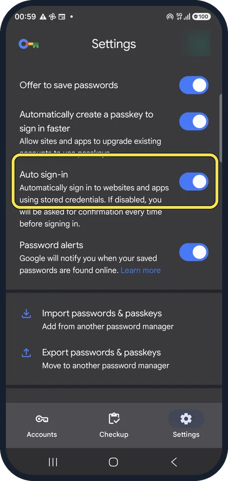 Android screenshot: Optional: switch off Auto sign-in