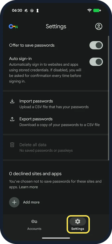 Android screenshot: Open the Settings tab