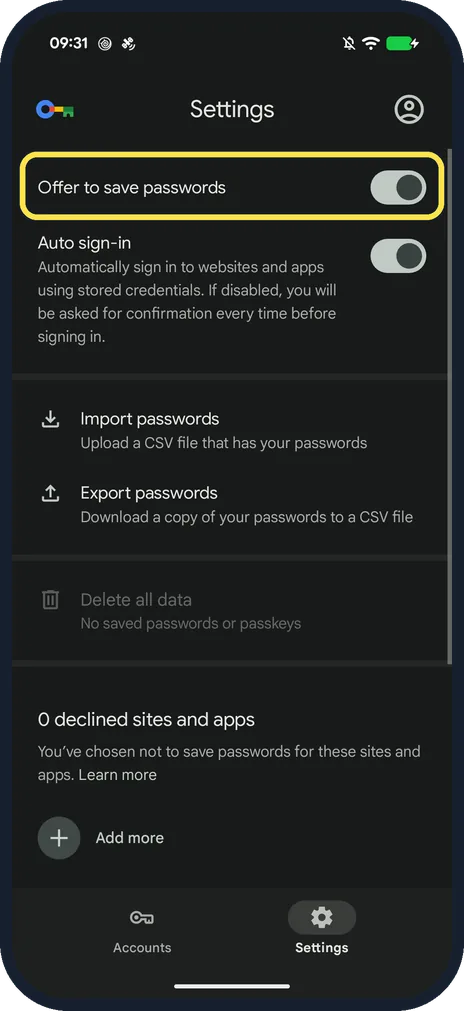 Android screenshot: Switch off Offer to save passwords