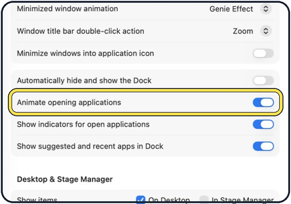 Mac screenshot: Switch off Animate opening applications